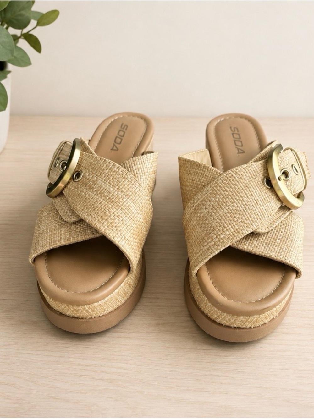 Soda Tan Woven Cross-Band Platform Slide with Gold Buckle